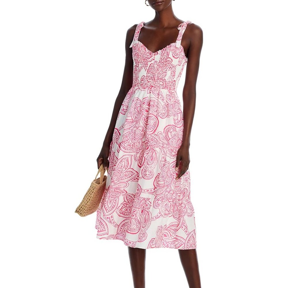 AQUA Smocked Tie Shoulder Midi Dress  Size M